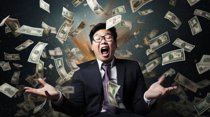 Funny asian businessman screaming with money - obrazy, fototapety, plakaty