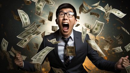 Funny asian businessman screaming with money - obrazy, fototapety, plakaty