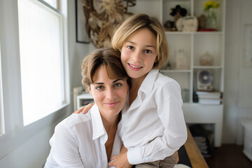 Fototapeta premium Portrait of middle age mother spend time with teenager son, relatives people hugging at home, adult attentive millennial grateful child wrapped in a plaid or warm sweater loving mommy caring 