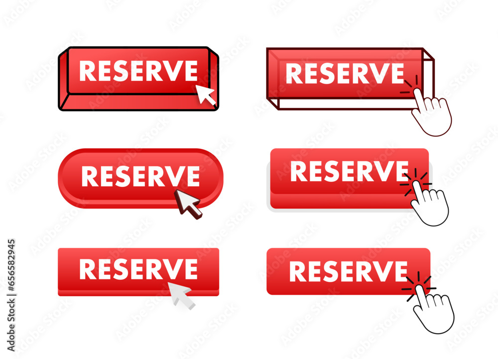 Poster reserve button with pointer clicking. reserve web buttons set. user interface element in flat style.