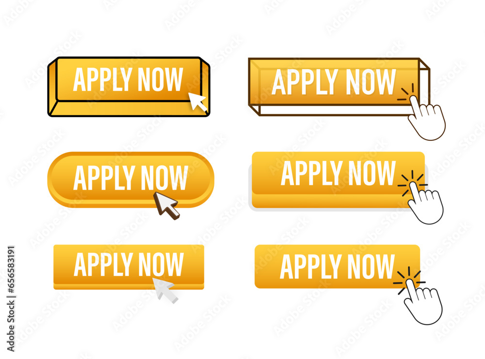 Aufkleber apply now button with pointer clicking. apply web buttons set. user interface element in flat style.