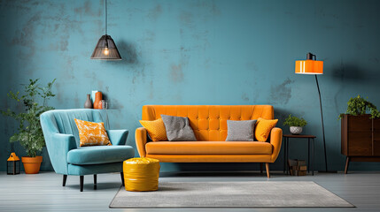 A stylish room with a yellow orange couch