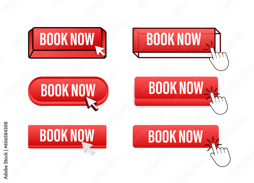Poster book now button with pointer clicking. book now web buttons set. user interface element in flat styl