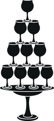 Cartoon Black and White Illustration Vector Of Stacked Wine Glasses In A Pyramid 