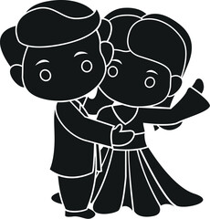 Cartoon Black and White Illustration Vector Of A Newlywed Couple Hugging In Celebration