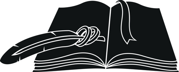 Cartoon Black and White Illustration Vector Of A Pair of Wedding Rings with Quill on top of the Wedding Register Book