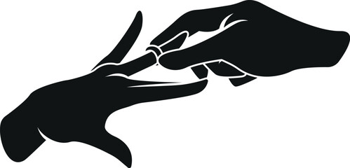 Cartoon Black and White Illustration Vector Of A Hand Putting a Wedding Ring on Another Hand