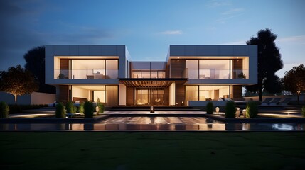 Panoramic view of a modern luxury house in the evening.