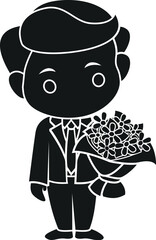 Cartoon Black and White Illustration Vector Of A Man in Tuxedo Holding a Bouquet of Flowers