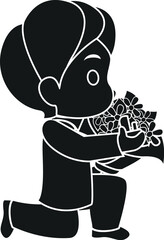 Cartoon Black and White Illustration Vector Of A Man Down on One Knee With Bouquet of Flowers Proposing 