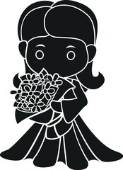 Cartoon Black and White Illustration Vector Of A Newly Wed Bride Holding A Bouquet of Flowers