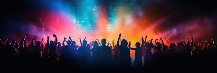 Concert crowd shadows against vibrant colorful stage lights. silhouette concept - obrazy, fototapety, plakaty
