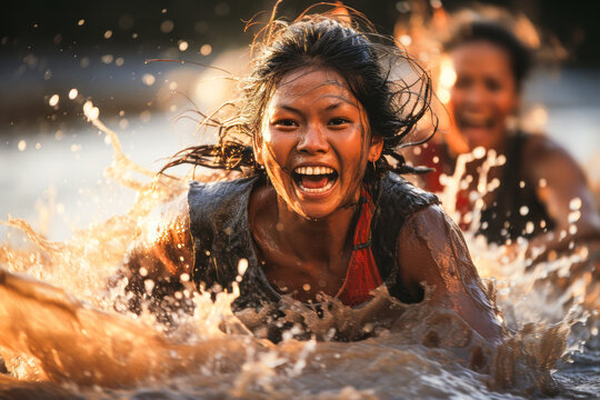 Tense finish in a traditional Pacific canoe race on the sea.