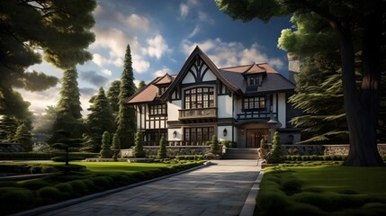 Panoramic view of a luxury villa in the garden.
