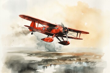An antique watercolor painting of a red plane flying in the sky, a vintage aircraft used for air travel. Generative AI
