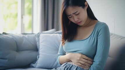 Obraz premium stomach ache. abdominal pain, indigestion, gastritis, menstrual cramps, flatulence, diarrhea, distention, colon cancer, belly inflammation problem, suffer food poisoning, abdomen, generate by AI