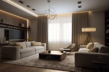 Stylish 3D living room visualization. Generative AI