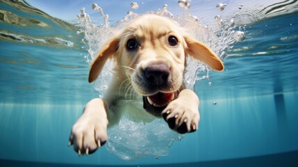 Funny underwater picture of puppies in swimming pool playing deep dive action training game with family pets and popular dog breeds during summer holidays. recreation, relax, generate by AI
