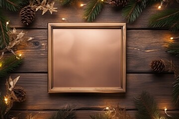 empty wooden frame on a christmas table with xmas decorations. generative ai