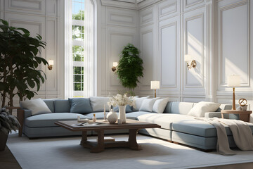 Living room interior design, luxury blue corner sofa