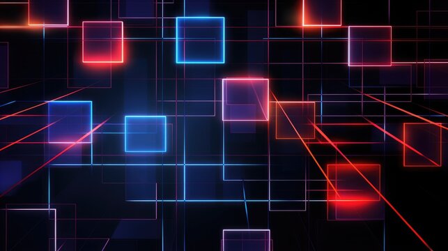 Abstract glowing neon colorful background. Digital geometric cyber Monday, black Friday sale design concept. Futuristic geometry neon glow light illustration..