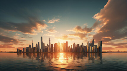 A view of a city skyline, with tall buildings and a setting sun - obrazy, fototapety, plakaty