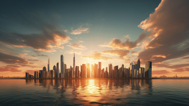 A view of a city skyline, with tall buildings and a setting sun