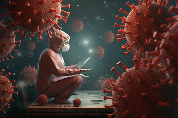 a man wearing a mask and surrounded by viruses - obrazy, fototapety, plakaty