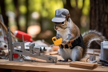 Amidst a workspace of petite woodworking tools and planks, a dedicated squirrel carpenter, equipped with a tool belt and safety goggles, meticulously examines a blueprint of a whimsical treehouse - obrazy, fototapety, plakaty