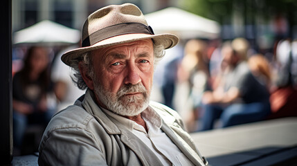 a man sits on a bench at a city plaza, his contemplative expression and the passing crowd embodying...