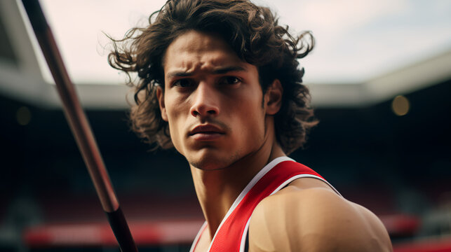 a male javelin thrower prepares for a powerful throw, his focused expression and poised stance highlighting the combination of strength and technique - Powered by Adobe
