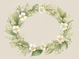 Wreath of Baby’s Breath (Gypsophila), Bacopas and beautiful foliage on a soft tan background. Watercolour style.