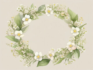 Fototapeta premium Wreath of Baby’s Breath (Gypsophila), Bacopas and beautiful foliage on a soft tan background. Watercolour style.