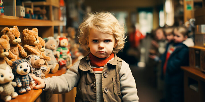 Provocative image of an irate child not sharing toys in a kindergarten, depicting a classic early education conflict.