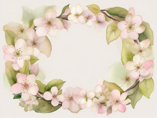 Fototapeta premium Floral frame over a soft watercolour background. PInk and white flowers and leaves.
