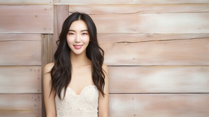 Fototapeta premium Young beautiful asian woman in front of a wooden wall