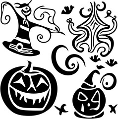 Black and white Halloween festival vector illustration with pumpkins and bats