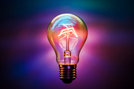 Bright light bulb, purple, neon color. New idea, inspiration, brainstorming concept.