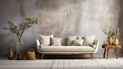 Living room sofa set in front of a decorative tumbled wall - obrazy, fototapety, plakaty