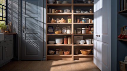 A walk-in pantry with organized shelves, storage containers, and a sliding door