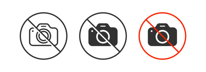 No photo icon. Forbidden camera symbol. Ban photography signs. Prohibited take photo symbols. Stop recording icons. Black, red color. Vector sign. - obrazy, fototapety, plakaty