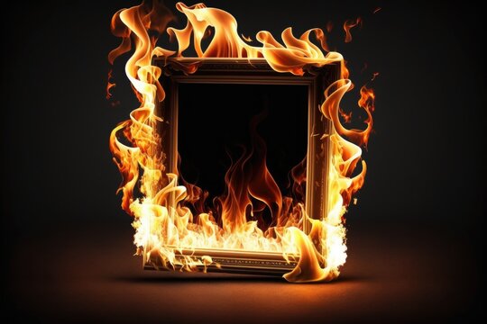 Blank photo frame burning in fire on black background