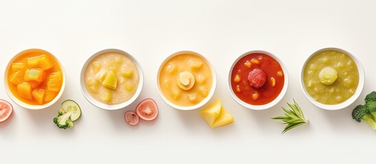 Baby food bowls arranged on a white background in a flat lay composition with copyspace for text