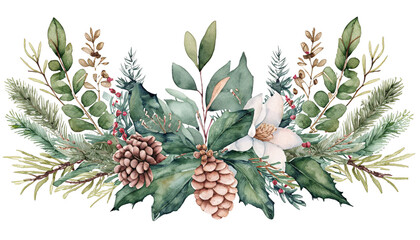 Watercolor Christmas leaves. Christmas wreath. Watercolor Christmas. Hand drawn winter decoration. Magnolia leaves, rosemary branches, fir, eucalyptus, holly and pine cones bouquet