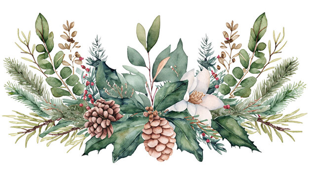 Watercolor Christmas leaves. Christmas wreath. Watercolor Christmas. Hand drawn winter decoration. Magnolia leaves, rosemary branches, fir, eucalyptus, holly and pine cones bouquet © Siti