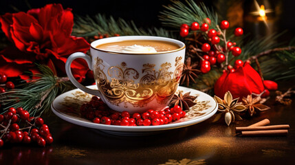 Fototapeta premium Christmas tea cup and ornaments in a winter and xmas atmosphere Generative AI Illustration