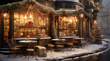 Fototapeta na wymiar Cozy cafe in a cold winter environment with a terrace on the street with snow in a Christmas atmosphere Generative AI Illustration
