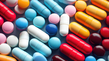 Assorted of colorful medicine pills and supplement capsules background Generative AI Illustration - obrazy, fototapety, plakaty