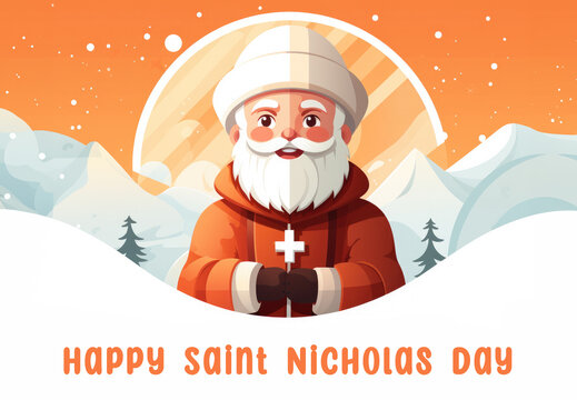 Saint Nicholas illustration. Happy St Nicholas Day. Cartoon character of old bishop celebrating on winter day