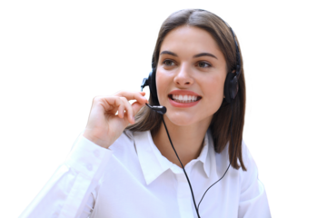 Female customer support operator with headset and smiling on a transparent background